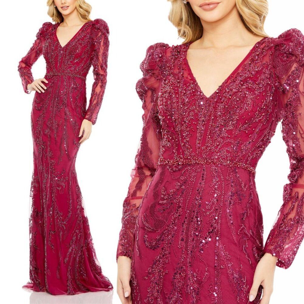 $998 Mac Duggal 20349 Size 12 Red Long Puff Sleeve V-Neck Maxi Length Gown Dress